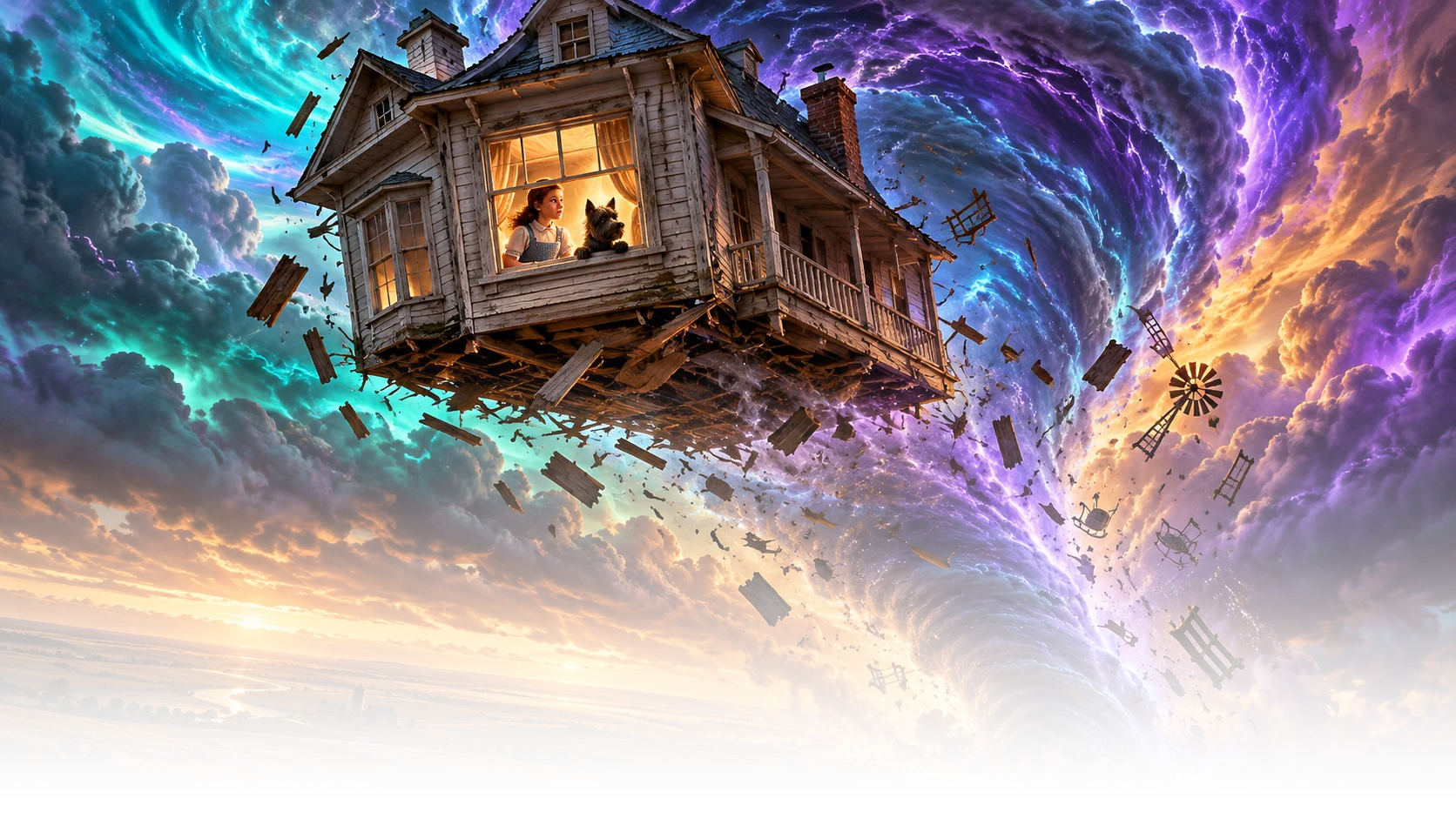 A farmhouse suspended above prairie fields in a luminous cyclone