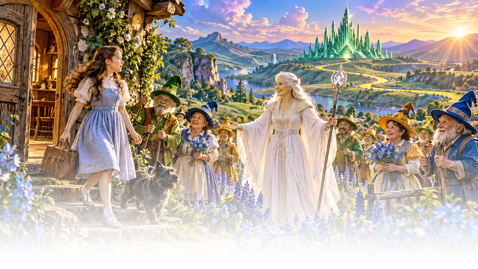 Dorothy greets a white-clad witch and Munchkins beside a flower-covered house