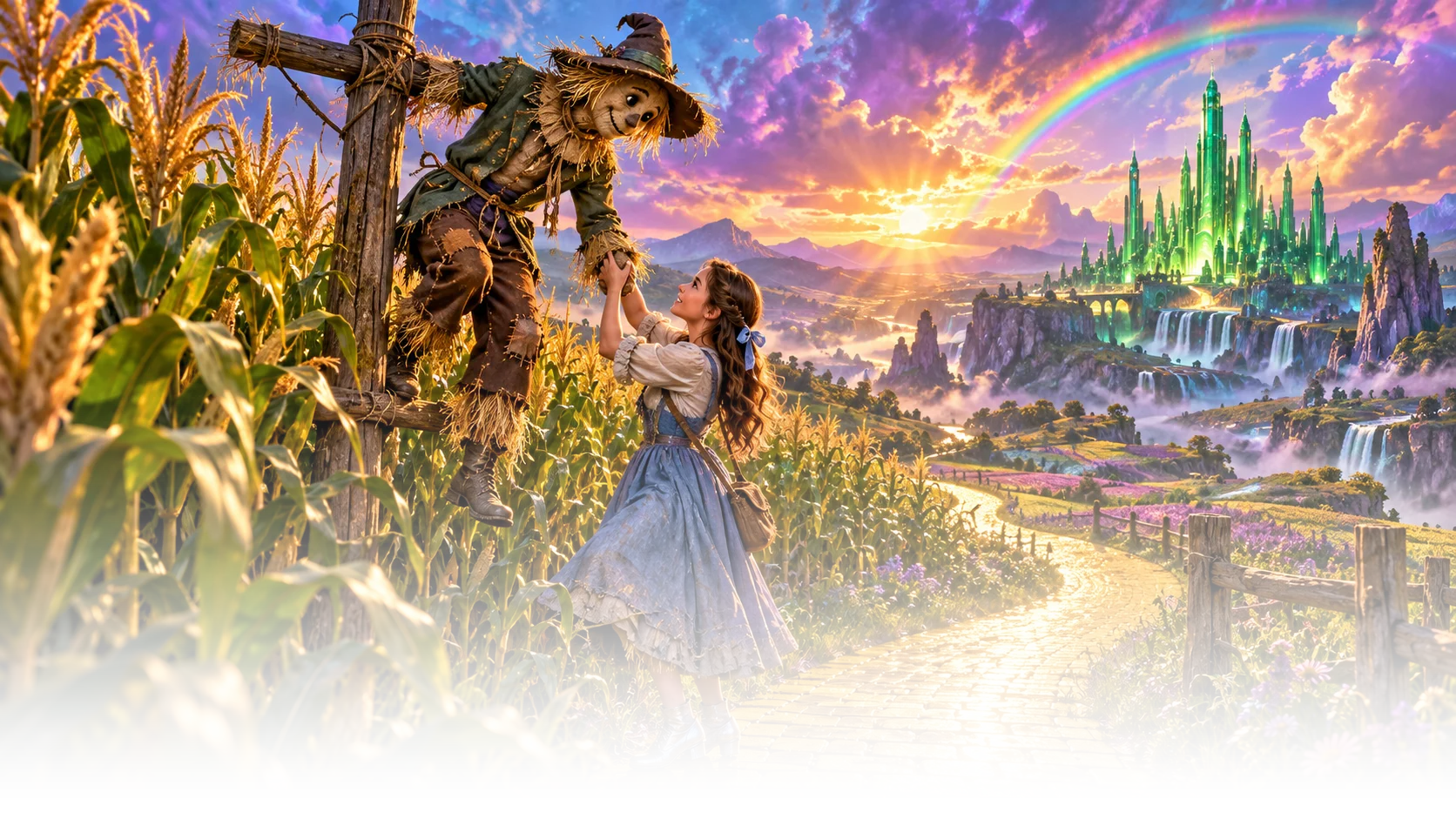 Dorothy meets a Scarecrow among corn beside a yellow road