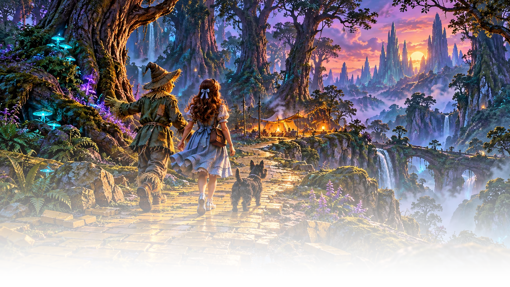 Dorothy and the Scarecrow follow a yellow road into an illuminated forest
