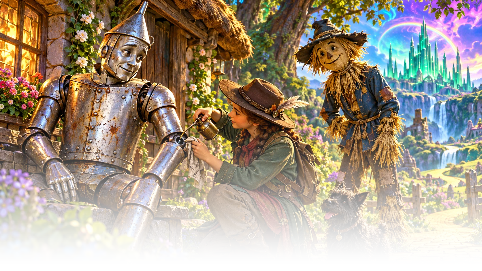 Dorothy tends a silver Woodman beside a cottage