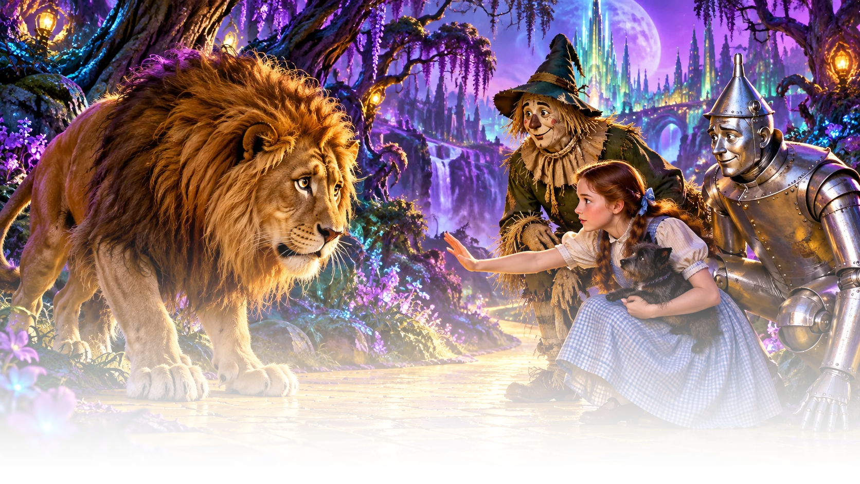Dorothy faces a lion while her companions stand nearby