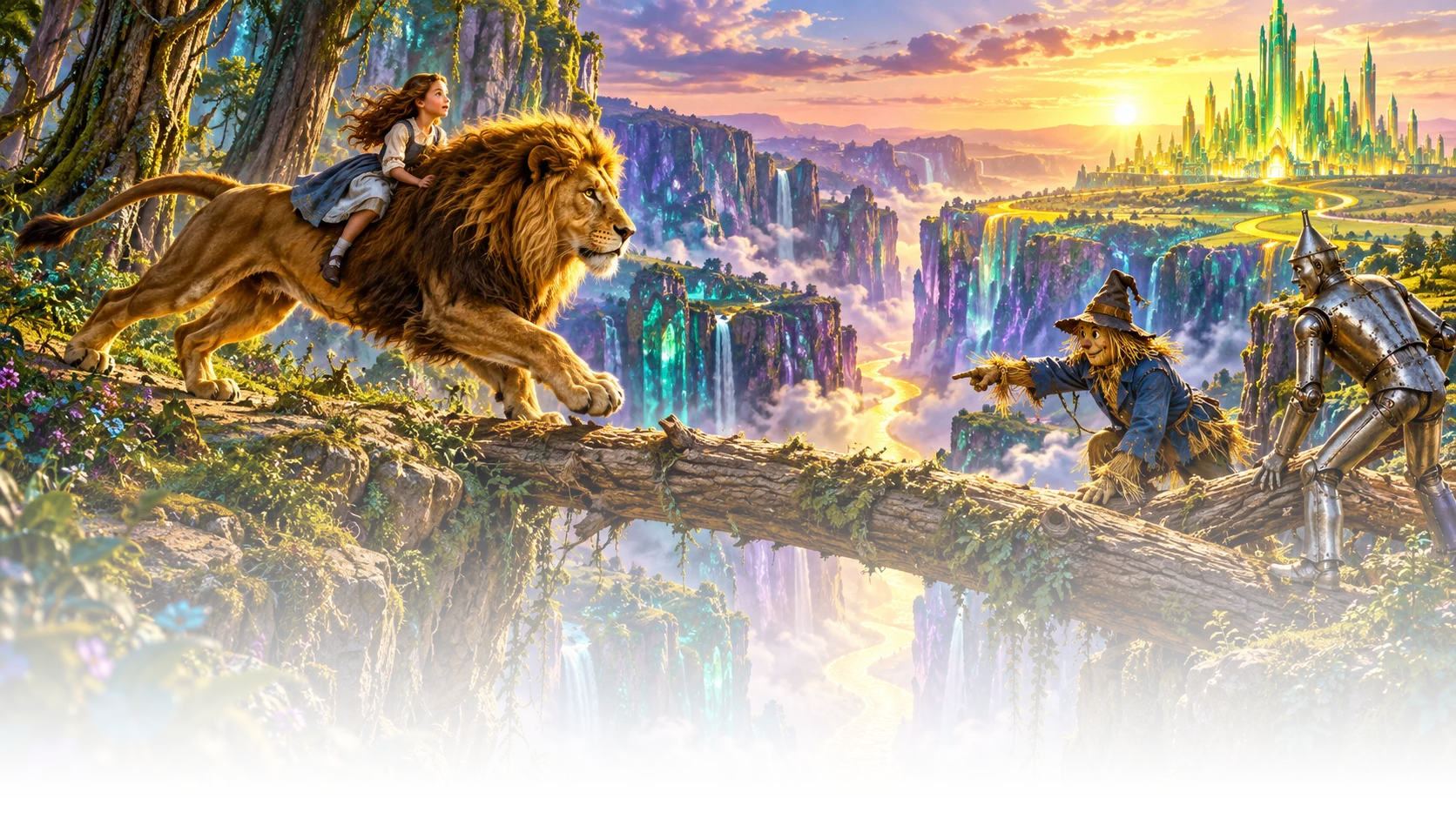 The companions cross a fallen tree over a deep gorge