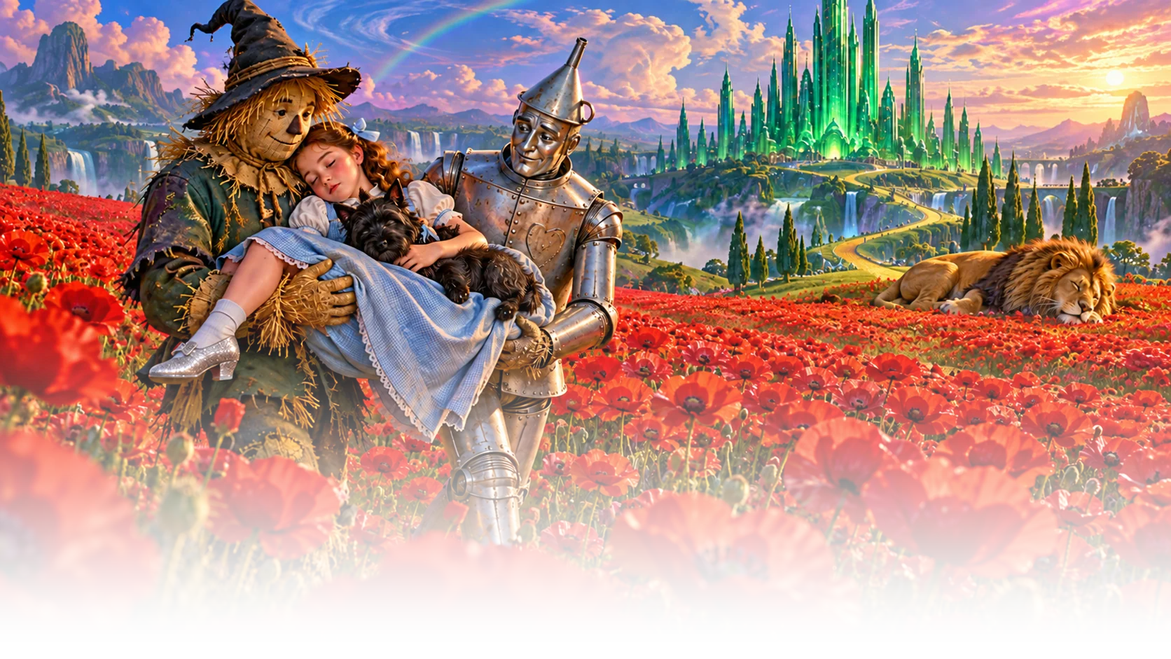 Companions carry Dorothy through a red poppy field