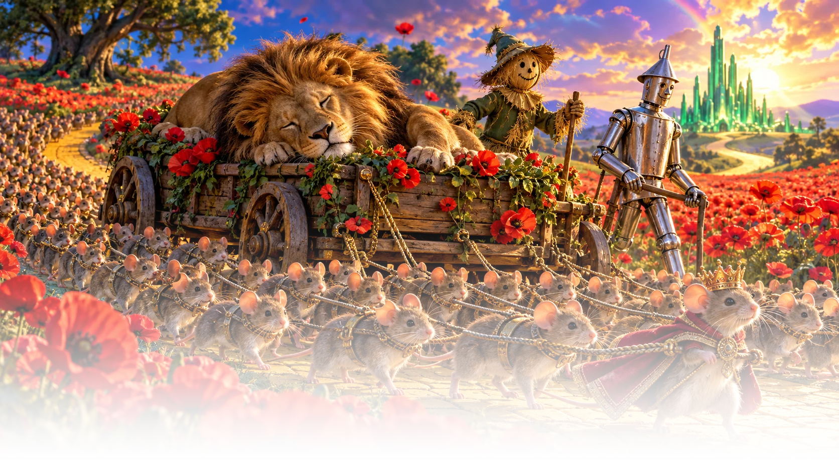 Mice gather around a cart carrying a sleeping lion