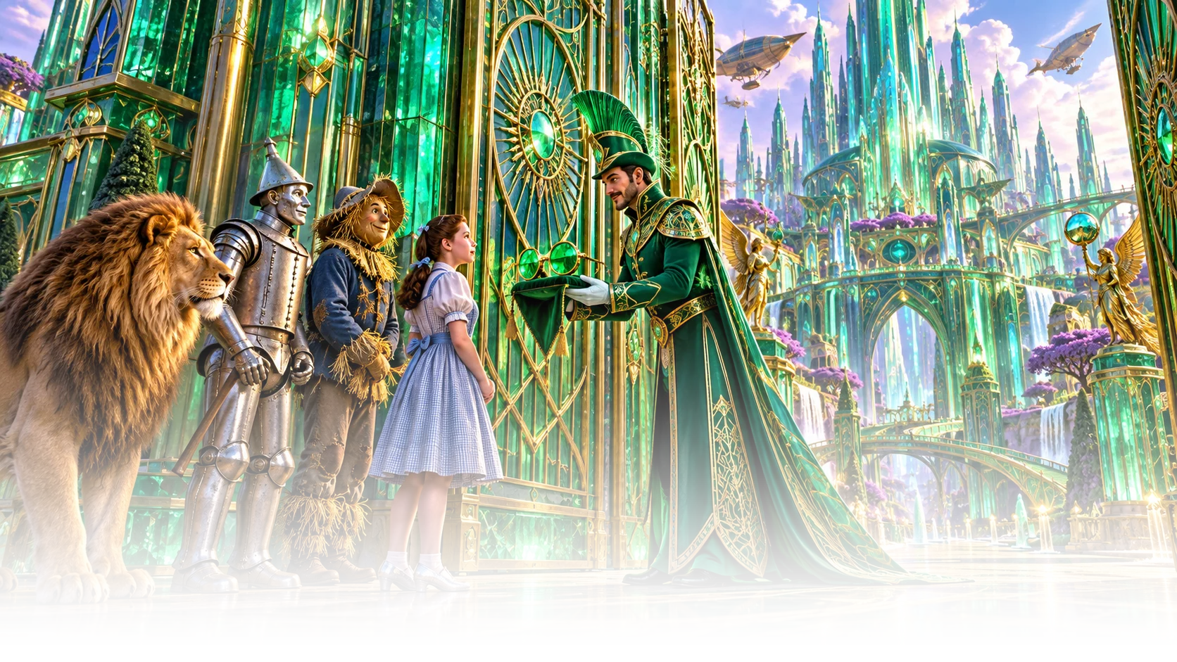 The companions approach towering emerald gates