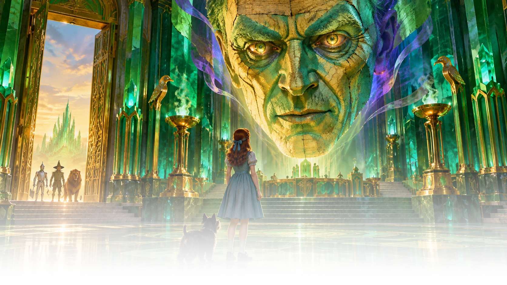 Dorothy faces a giant projected head in an emerald hall