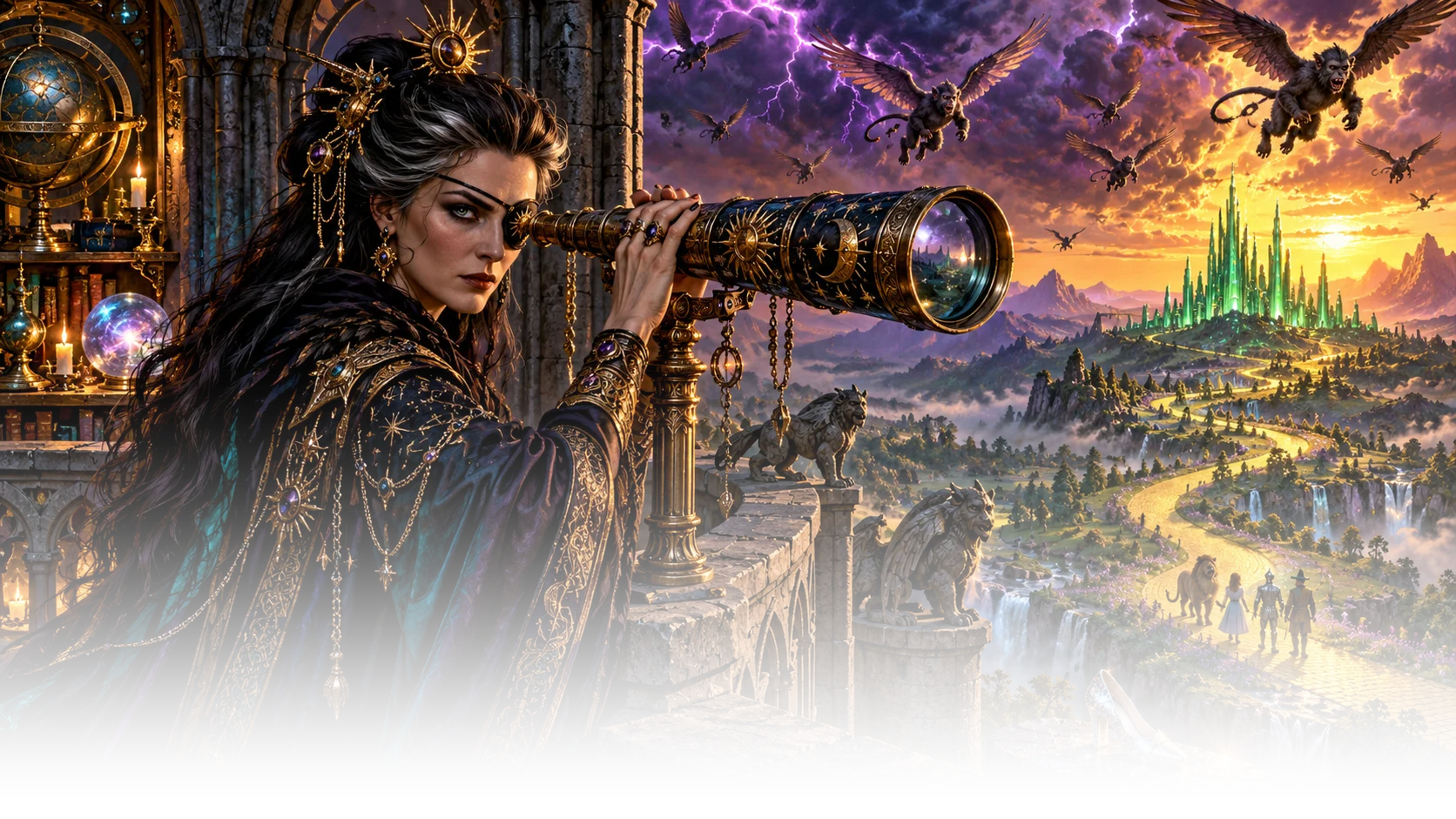 A witch watches travelers through a telescope