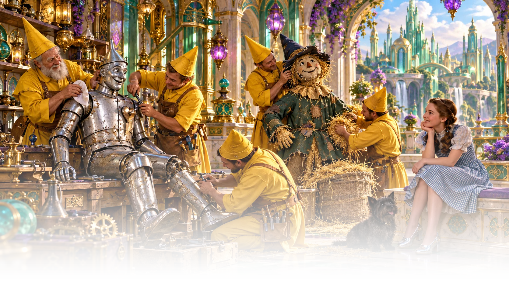 The companions gather with inhabitants of an ornate palace