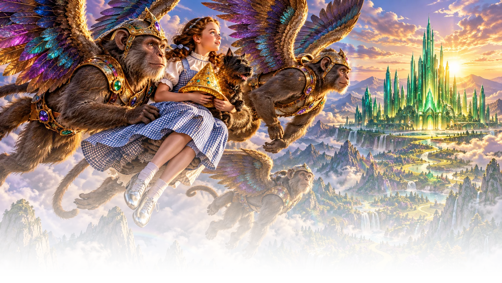 Winged monkeys carry Dorothy through a colorful sky