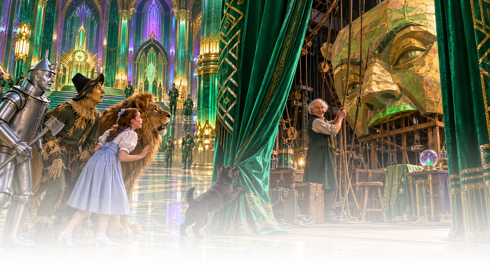 Toto and Dorothy discover a man behind a curtain