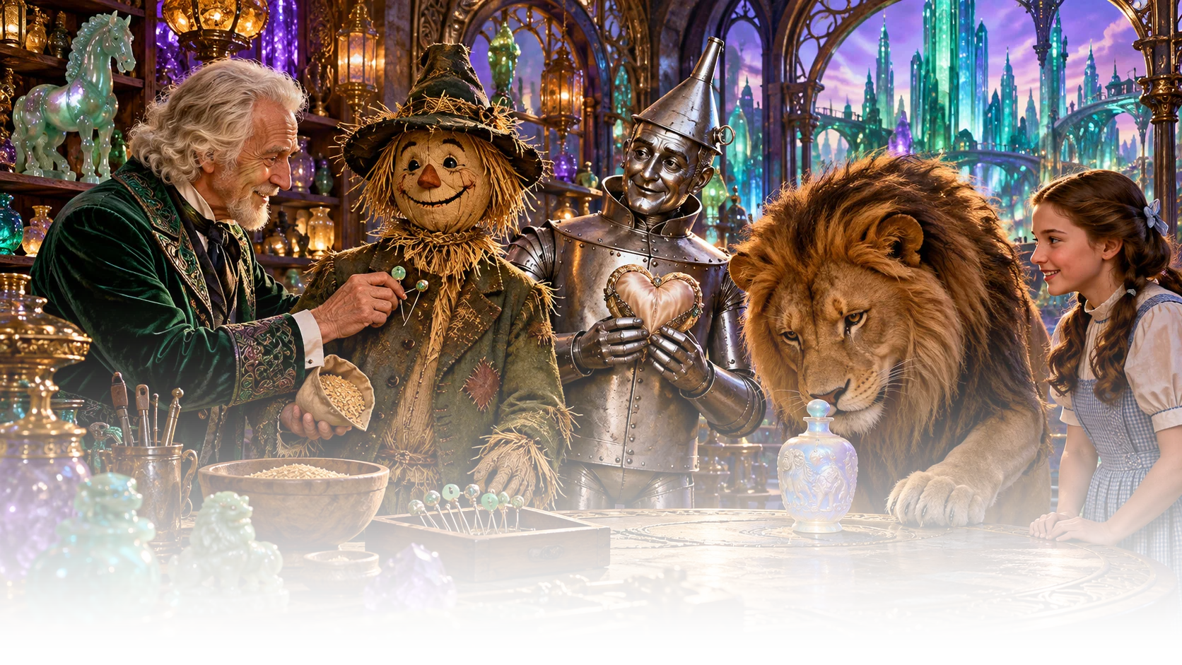 A white-haired man presents gifts to the companions