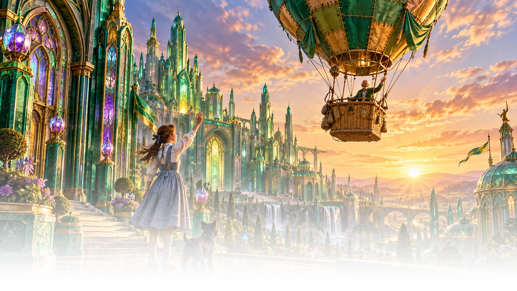 A balloon rises above the emerald city as Dorothy watches