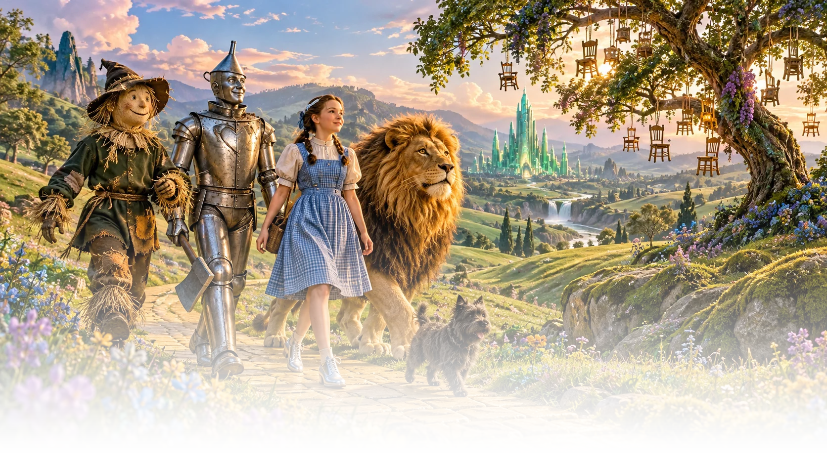 The companions walk together toward distant country