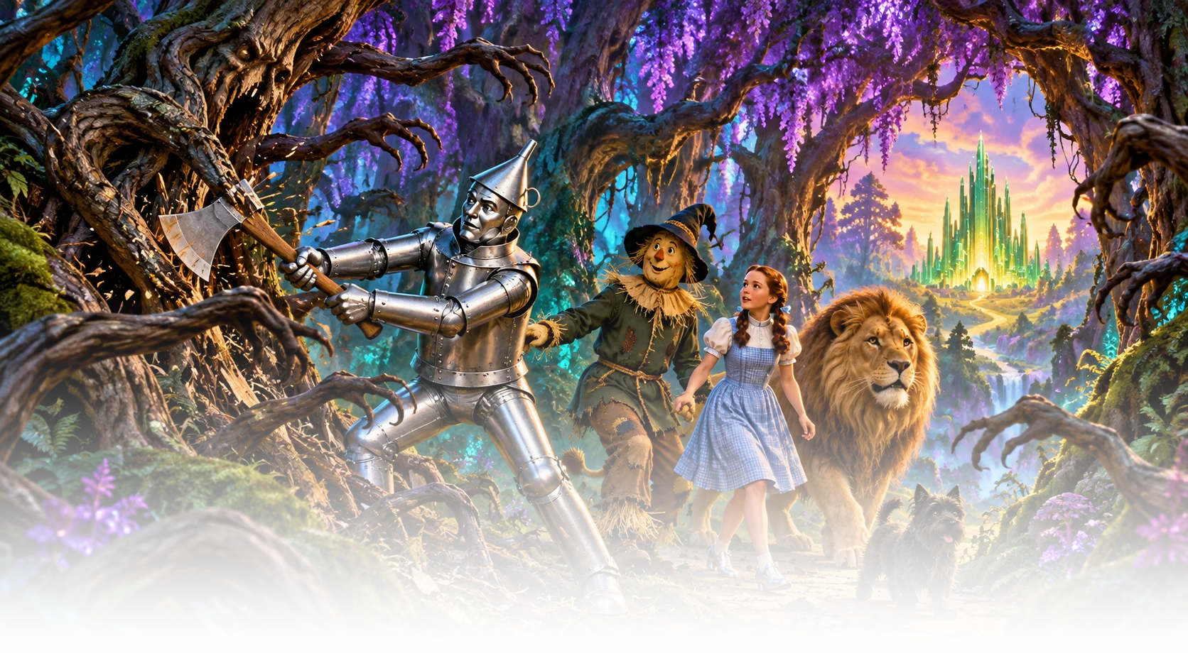 Tree branches reach toward the companions on a forest path