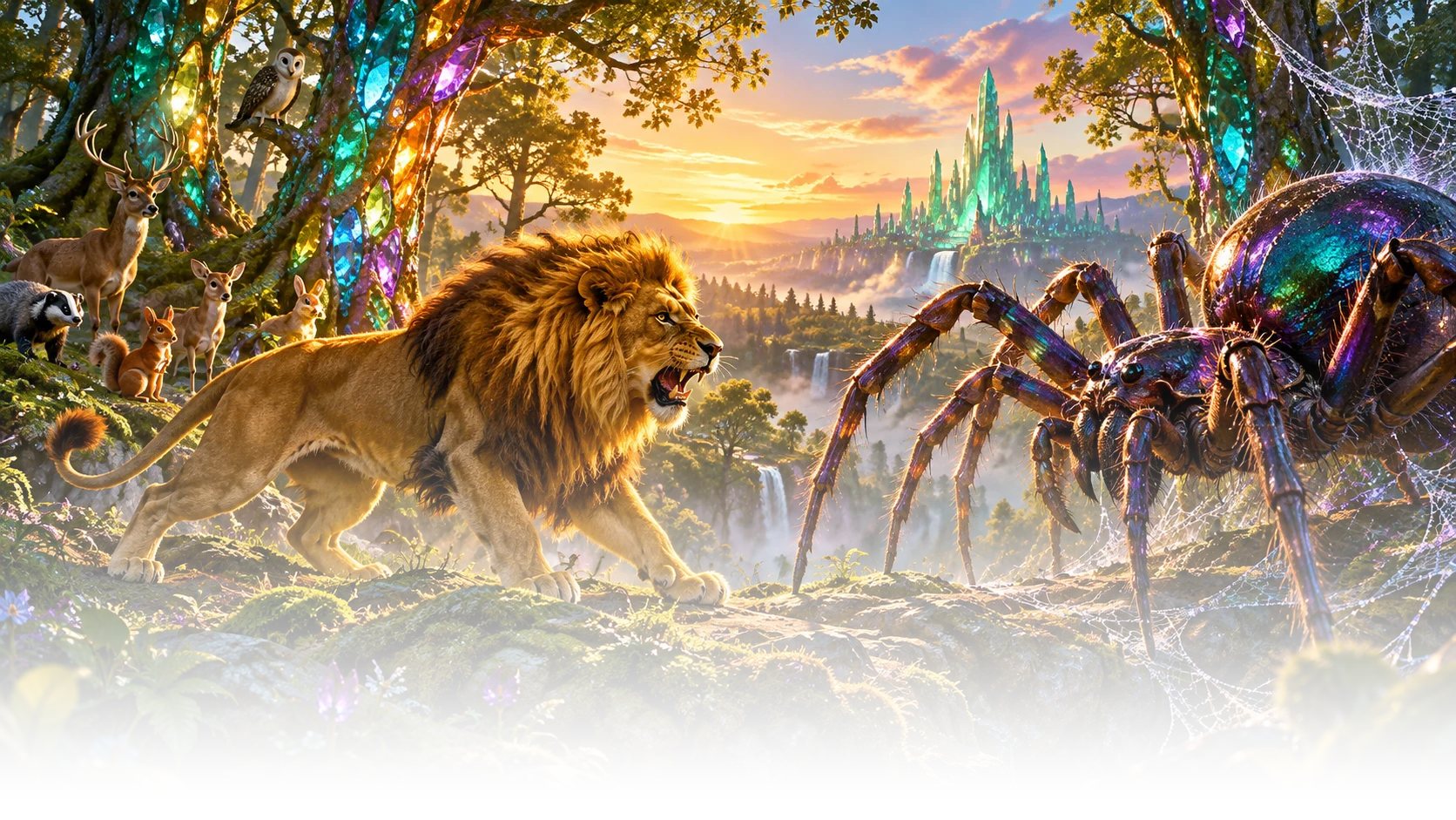 A lion confronts a large spider-like creature
