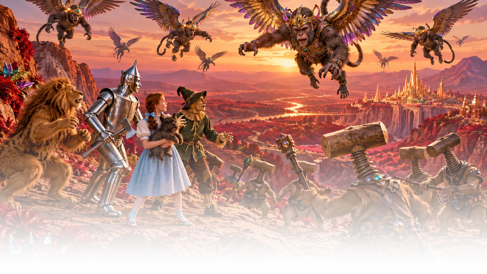 Flying figures hover above the travelers in red rocky country