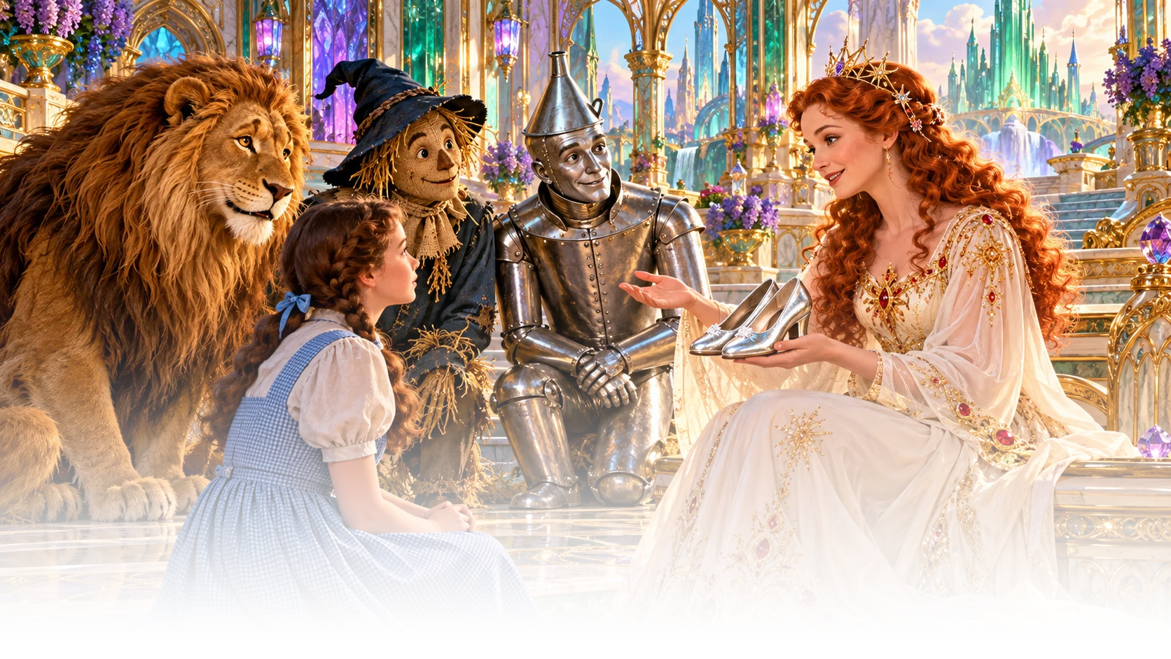 Dorothy kneels before a seated red-haired woman