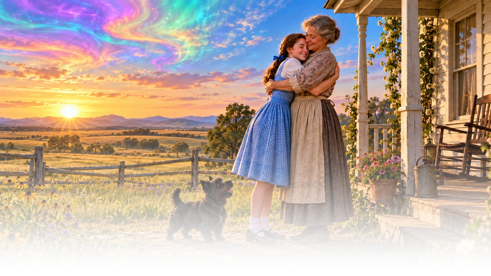 Dorothy embraces a woman outside a Kansas farmhouse