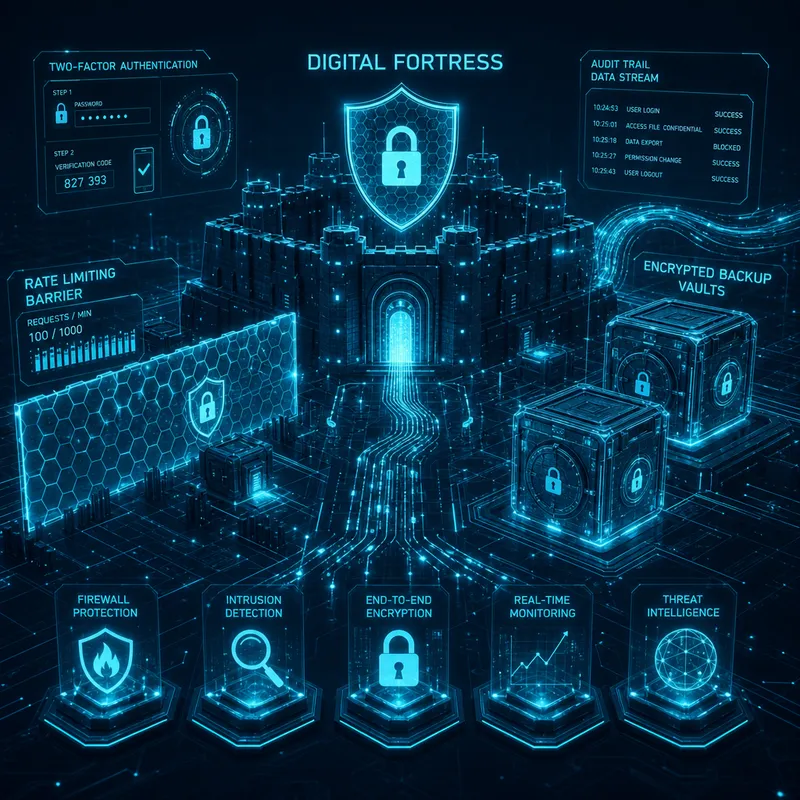 Cybersecurity and compliance modules — two-factor authentication, audit logging, DDoS protection, automated backups