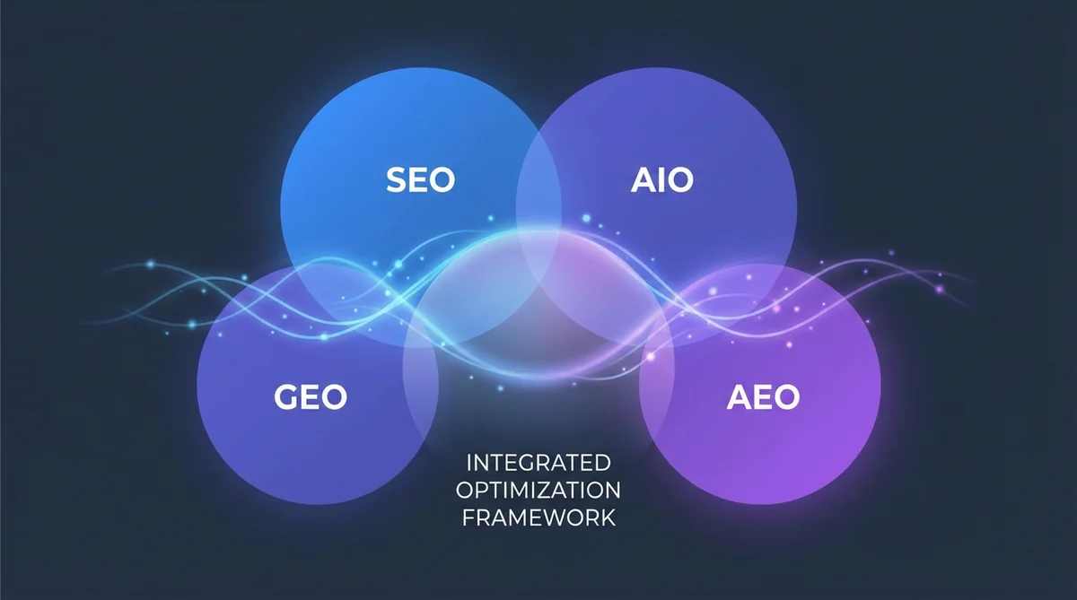 AEO vs SEO vs AIO vs GEO comparison infographic — overlapping circles of search, AI, generative, and answer optimization strategies
