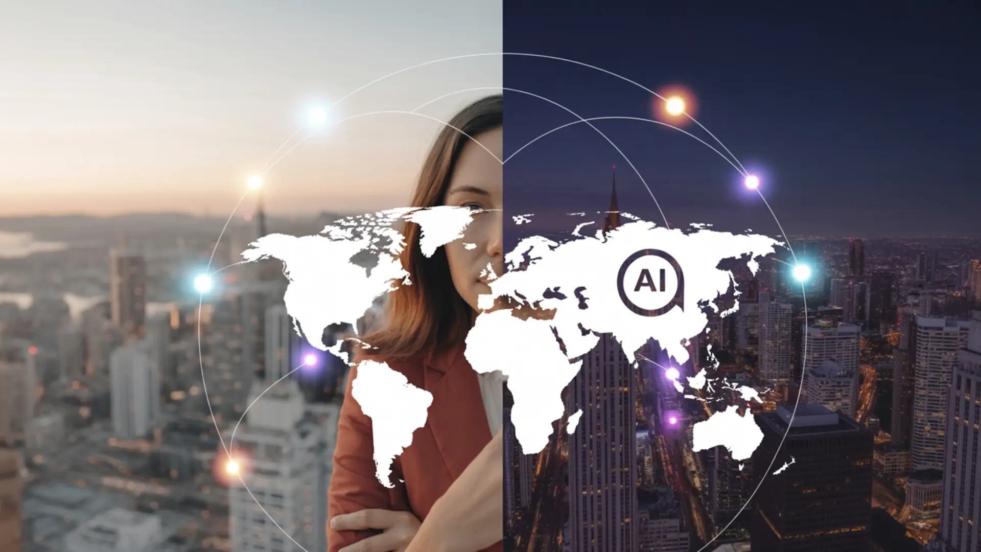 AI chatbot providing 24/7 global customer support — day and night availability across time zones with continuous automated assistance