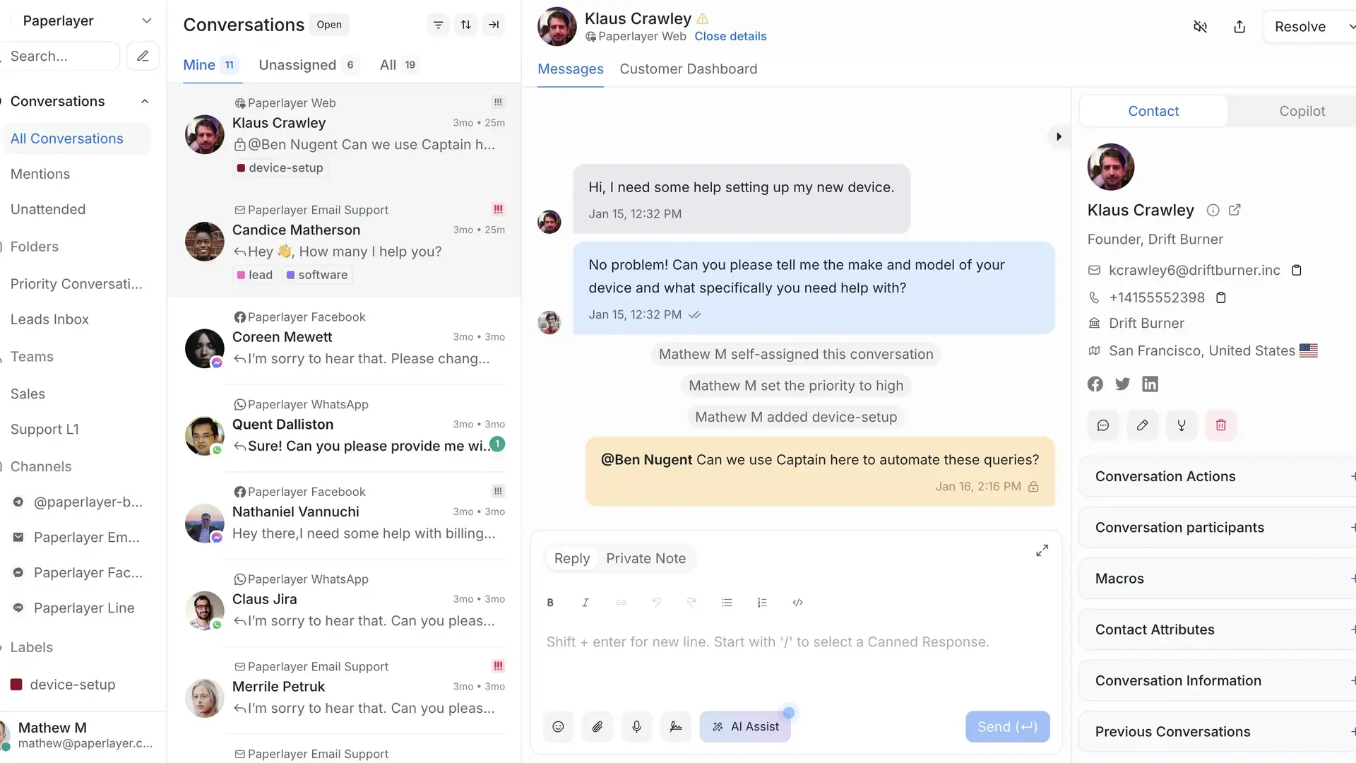 AI chatbot automating customer support conversations — multiple simultaneous chat sessions with satisfaction metrics and response analytics dashboard