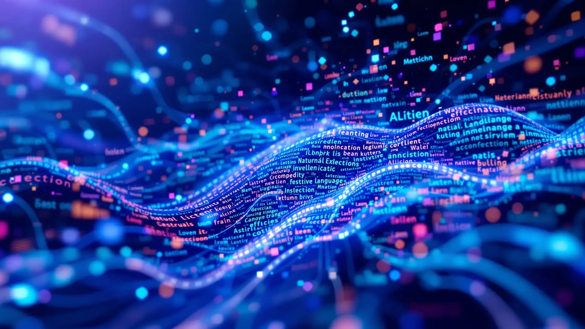 Natural language processing visualization — AI analyzing and understanding text with semantic connections, word embeddings, and neural network pathways