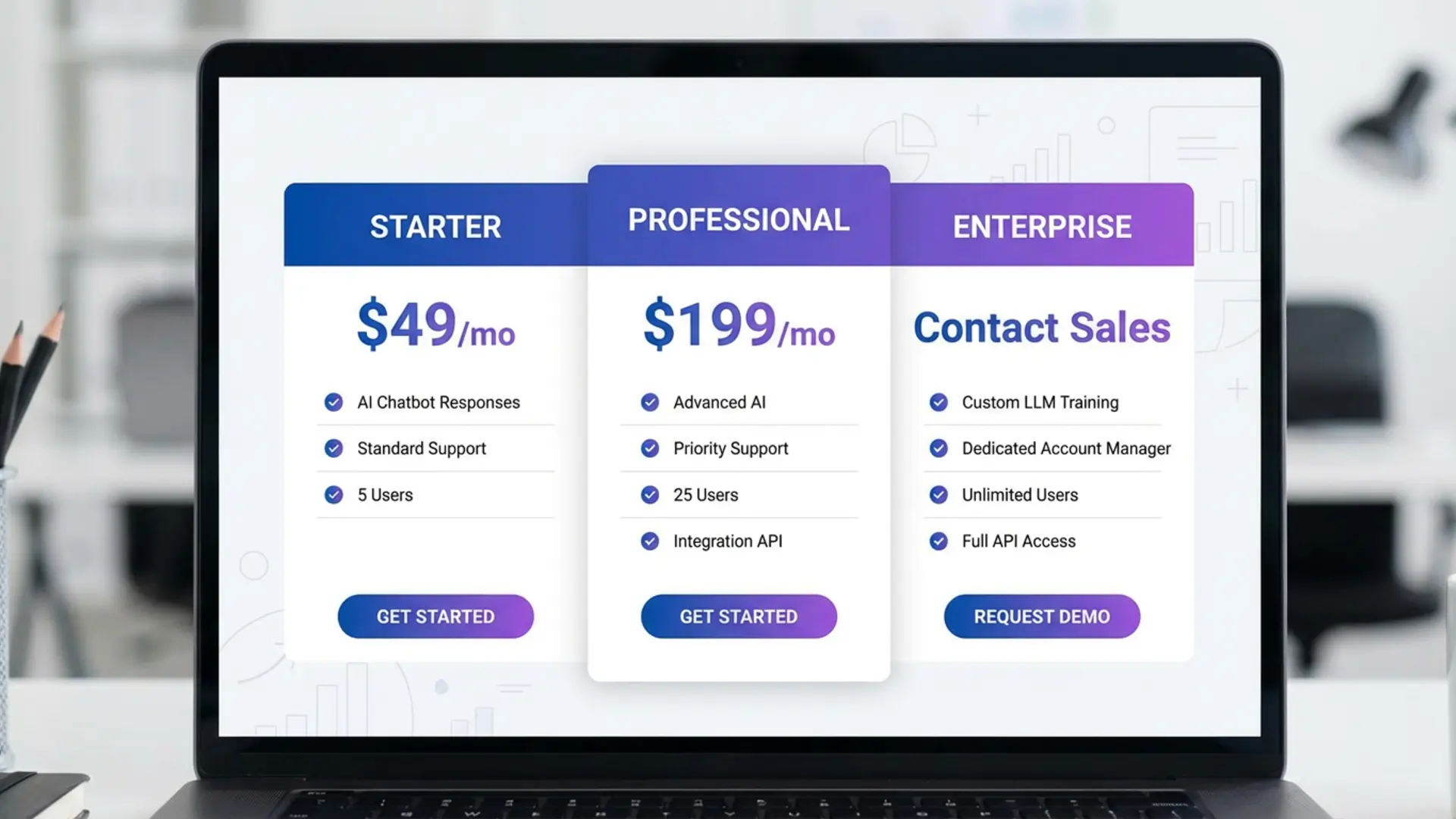 AI chatbot service pricing packages comparison — transparent pricing tiers with feature breakdowns and value proposition highlights