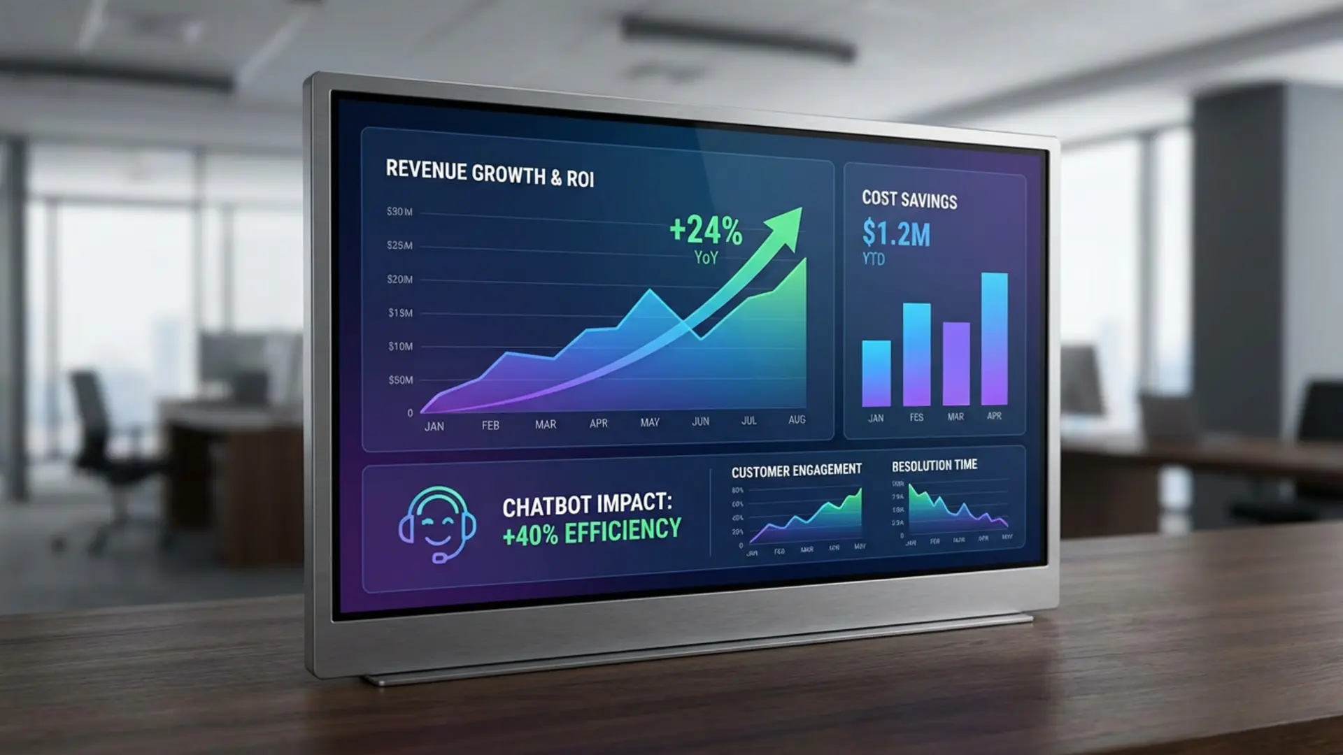 AI chatbot ROI and business growth metrics — upward trending revenue charts, cost savings indicators, and conversion rate improvements from chatbot implementation