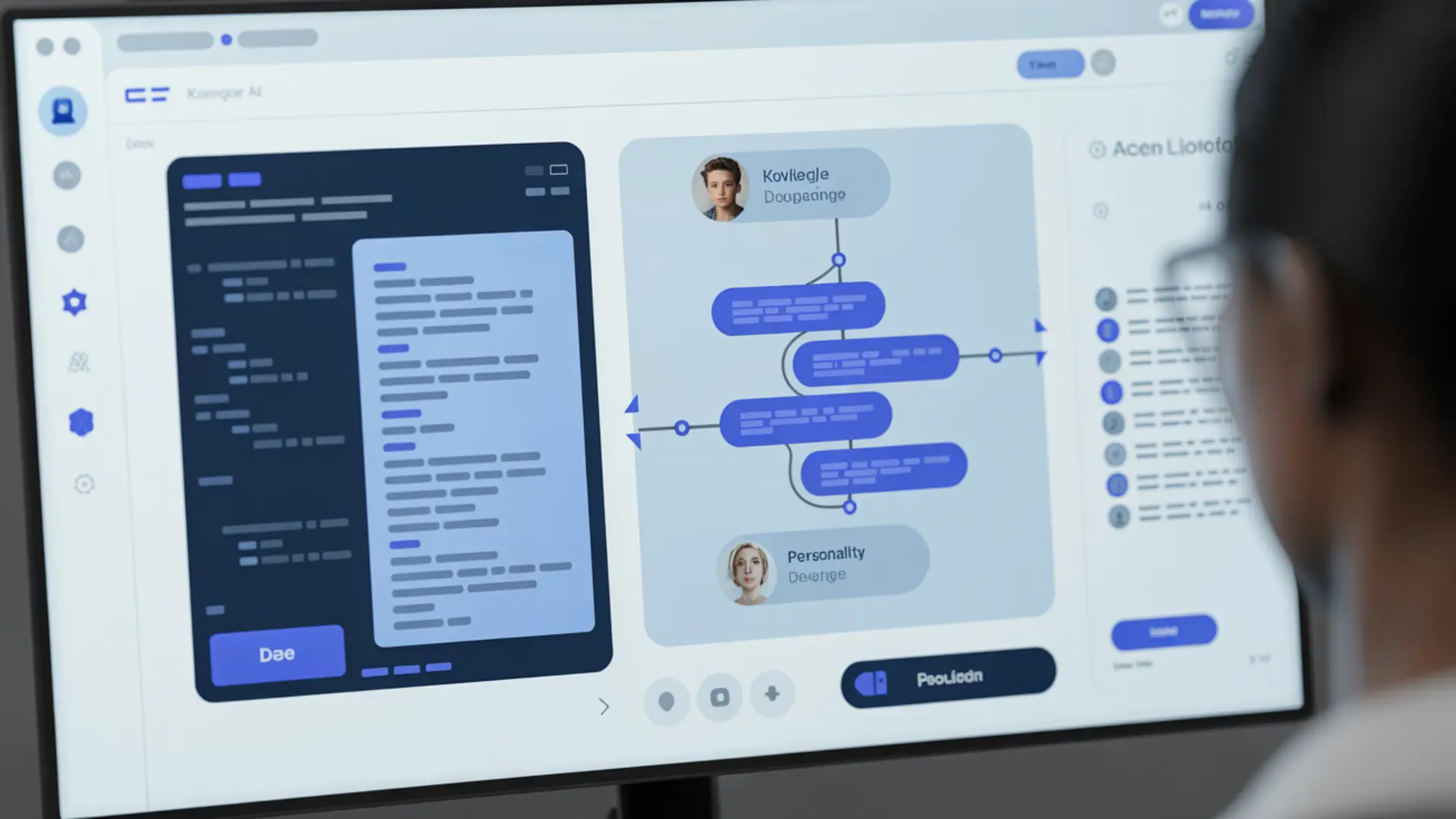AI chatbot training and customization interface — knowledge base uploads, conversation flow design, personality settings, and model fine-tuning dashboard