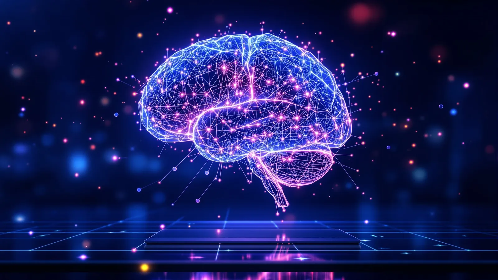 Abstract futuristic brain and neural network hologram representing AIO Artificial Intelligence Optimization, GEO Generative Engine Optimization, and AEO Answer Engine Optimization strategy