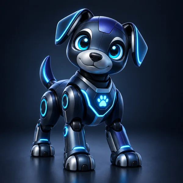 Tidy Dog robotic mascot with blue holographic lighting