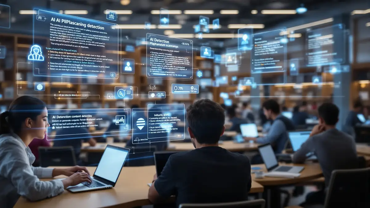 University academic setting with digital overlay showing AI detection and plagiarism scanning of student essays