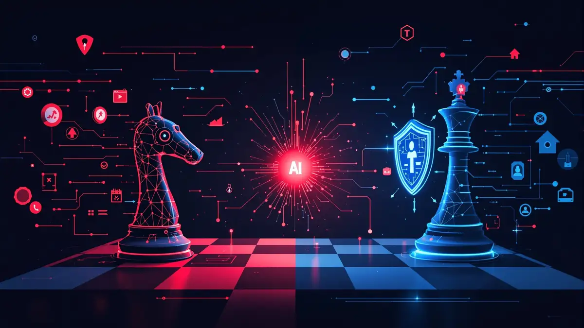 Conceptual visualization of the adversarial arms race between AI text generation and detection systems