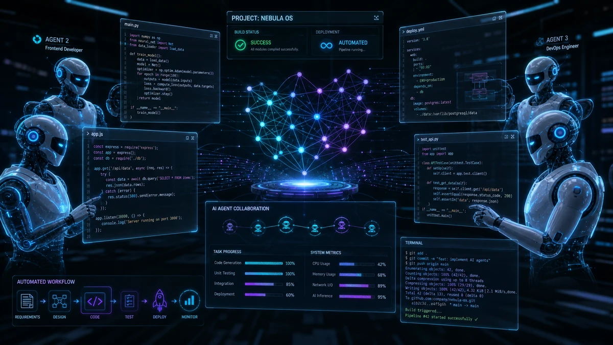 Herramientas de IA agéntica escribiendo y probando código autónomamente en un entorno de desarrollo futurista, mostrando la revolución en el desarrollo de aplicaciones web personalizadas