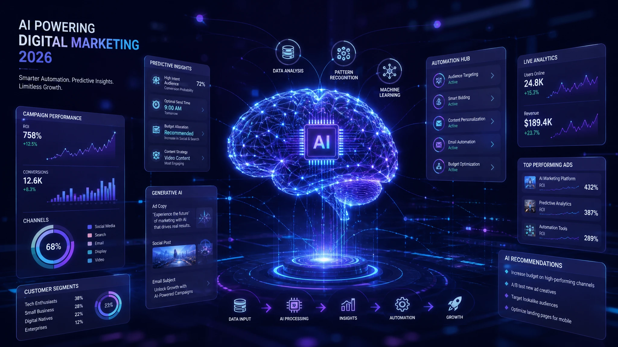 Artificial intelligence digital marketing trends for 2026 including generative AI, automation and predictive analytics