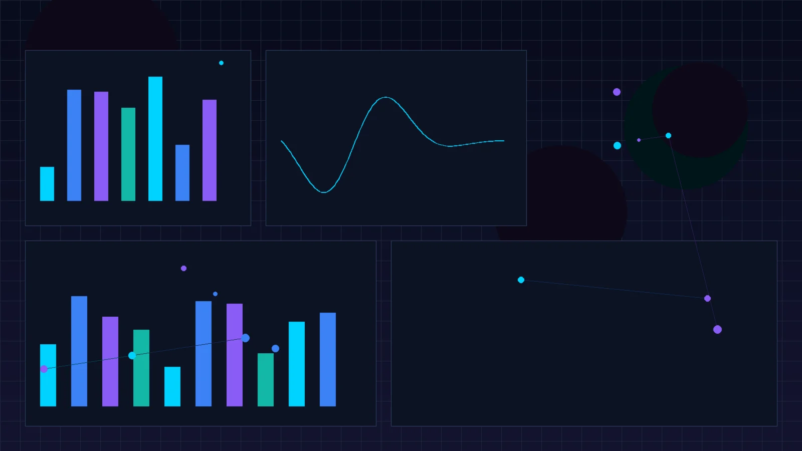 Futuristic data research dashboard showing multiple visualization panels with charts, scatter plots, and dataset compilations — representing original research and data asset development for link-worthy content