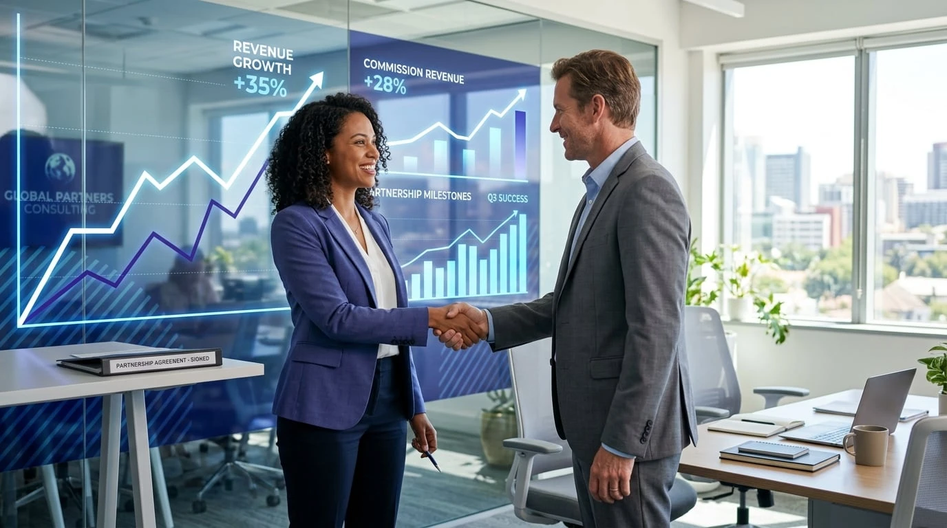 Business growth consultant earning commissions by referring digital marketing clients, with revenue growth charts
