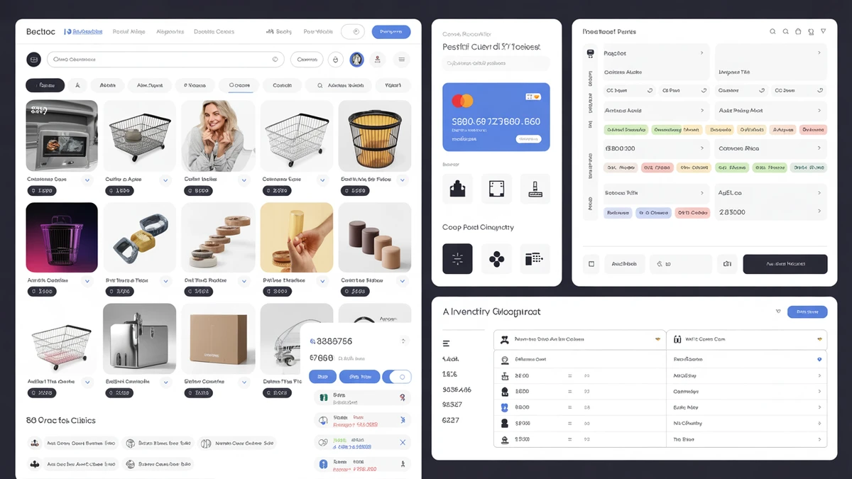 E-commerce web application development with SEO optimization showing product catalogs, shopping cart, payment processing, and inventory management in a custom Next.js platform