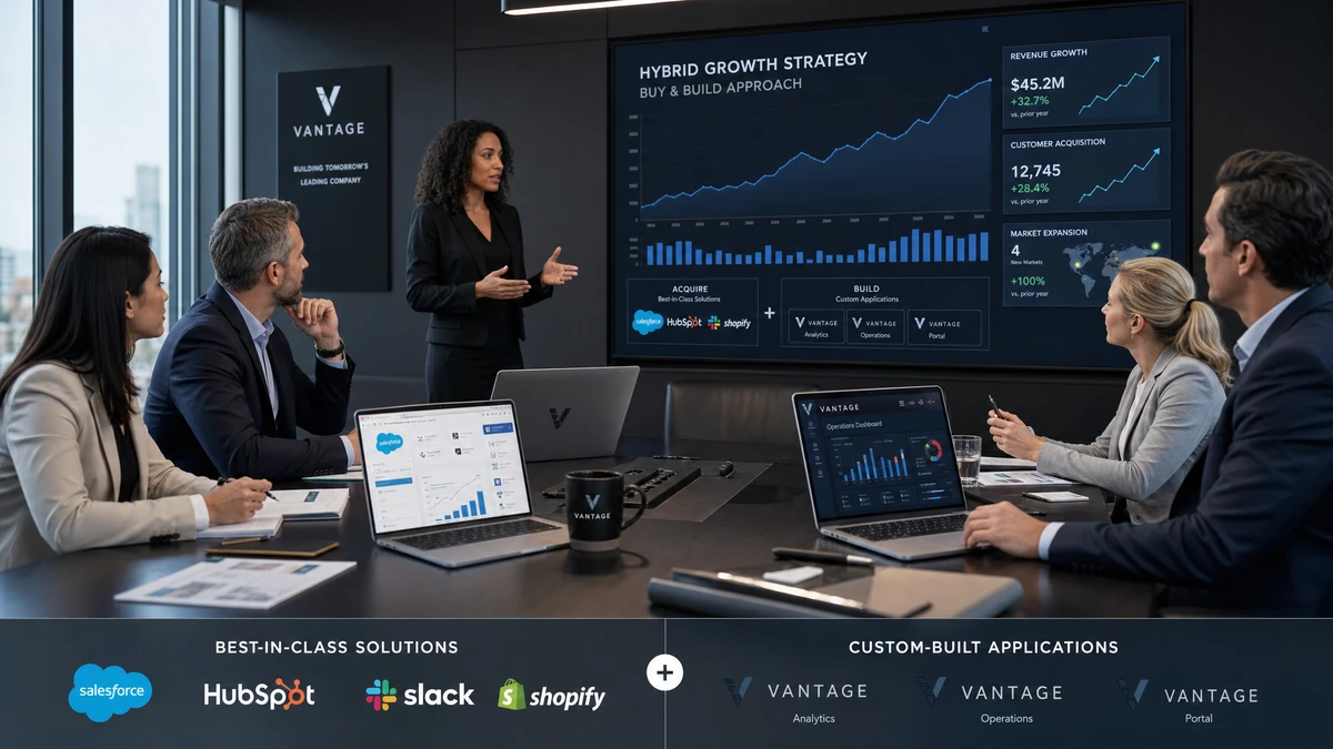 Equipo de negocios implementando una estrategia híbrida de comprar y construir con herramientas SaaS y aplicaciones web personalizadas mostrando gráficos de crecimiento