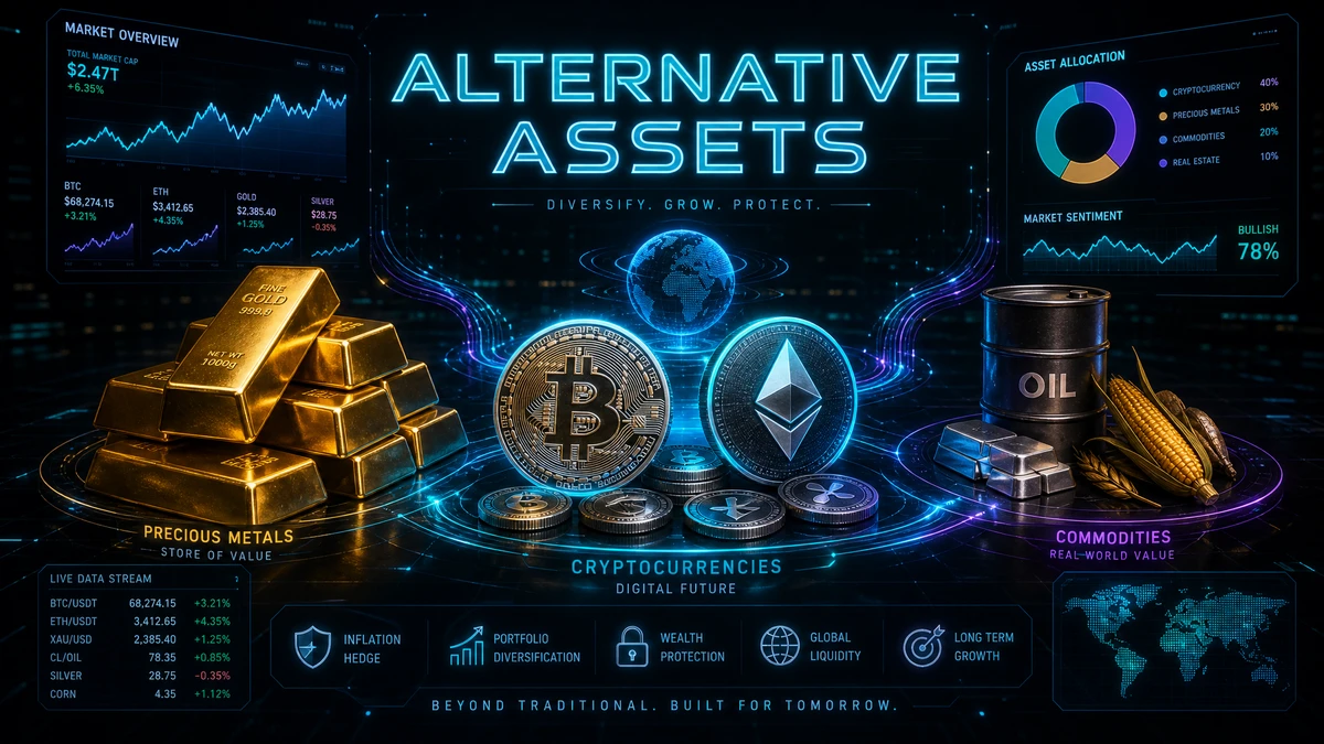 Activos de inversión alternativos incluyendo oro, criptomonedas y materias primas con visualización de datos futurista para 2026