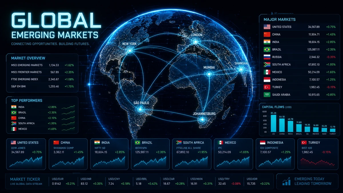Visualización de inversión en mercados internacionales y emergentes para 2026 mostrando conexiones del mercado global