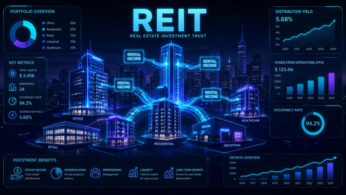 Visualización de asignación de fondos de inversión inmobiliaria REIT para 2026 mostrando edificios y flujos de ingresos por alquiler