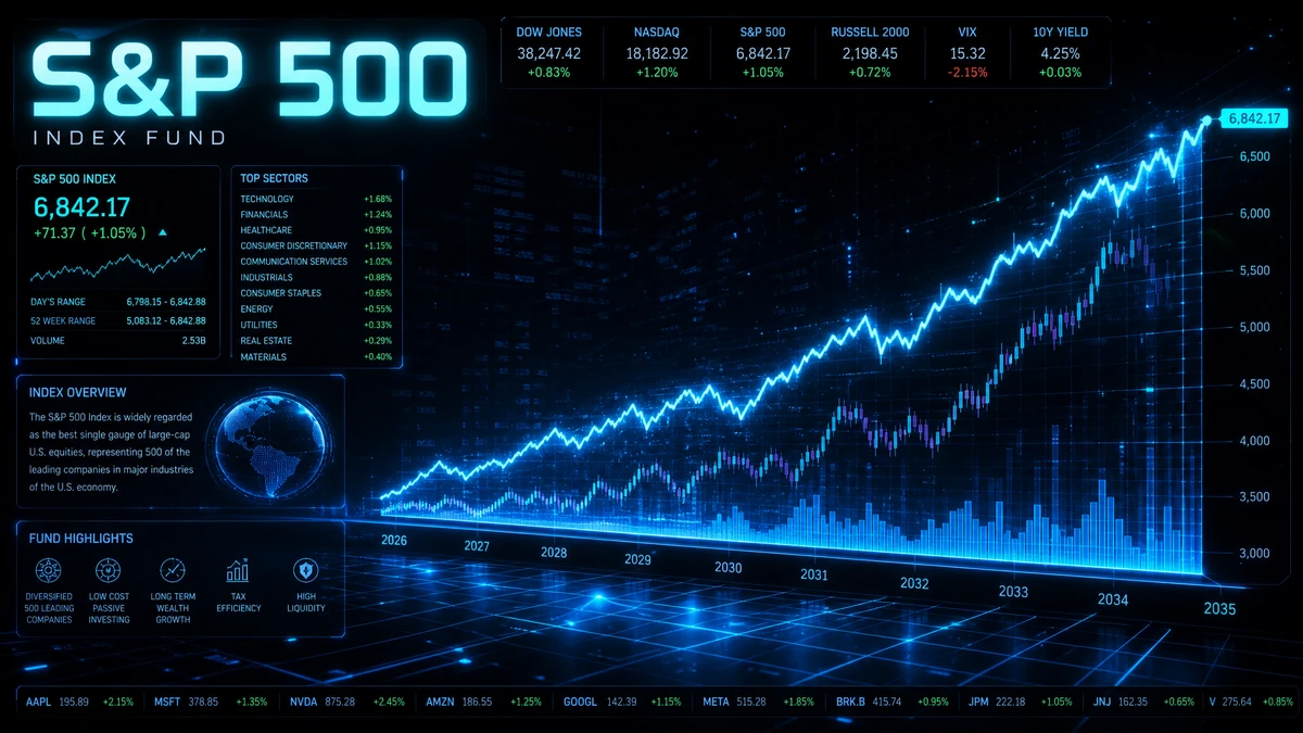 Visualización de la trayectoria de crecimiento del fondo índice S&P 500 para 2026 mostrando datos históricos del mercado y rendimientos proyectados