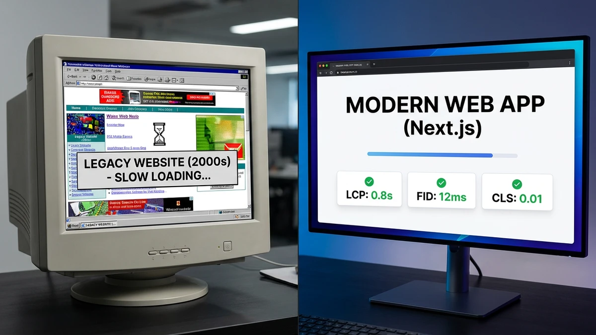 Side-by-side comparison of a legacy template website versus a modern Next.js custom web application showing performance differences in SEO and Core Web Vitals