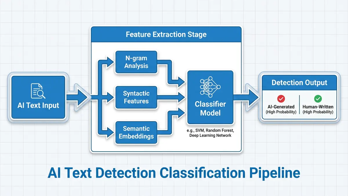 Machine learning classification pipeline showing text input flowing through feature extraction and AI detection classification stages