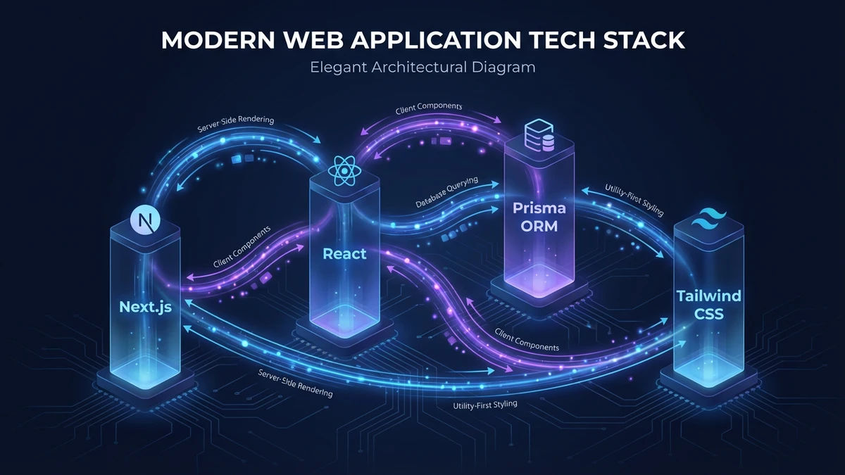 Next.js React Prisma Tailwind CSS tech stack architecture diagram for custom web application development with SEO AIO GEO AEO optimization