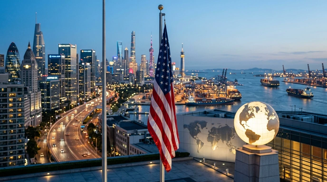Bandera americana con globo terráqueo representando el liderazgo económico global de Estados Unidos a través de la competitividad de cero impuestos RCII