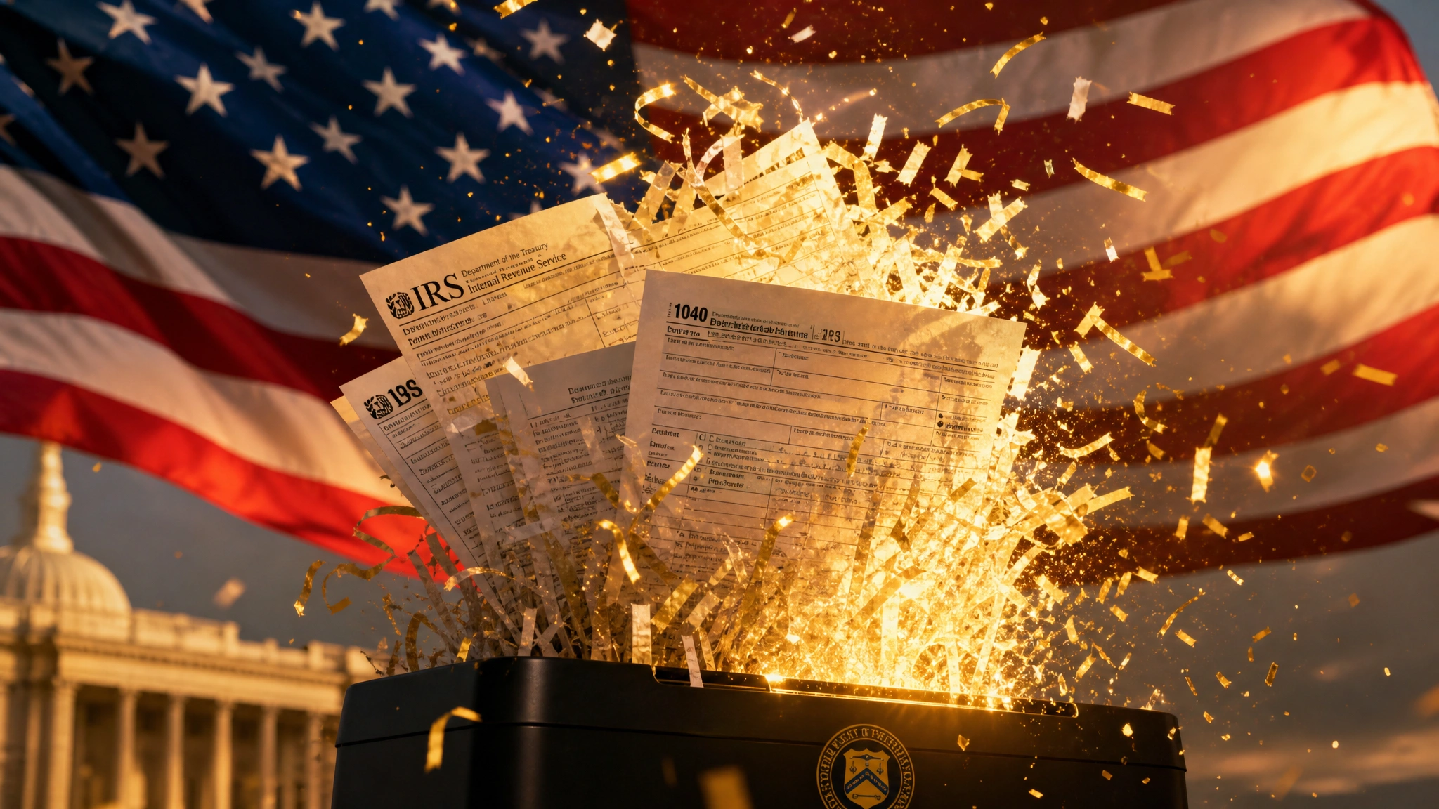 Formularios de impuestos siendo destruidos en partículas de luz dorada con bandera americana representando la eliminación total de impuestos bajo RCII